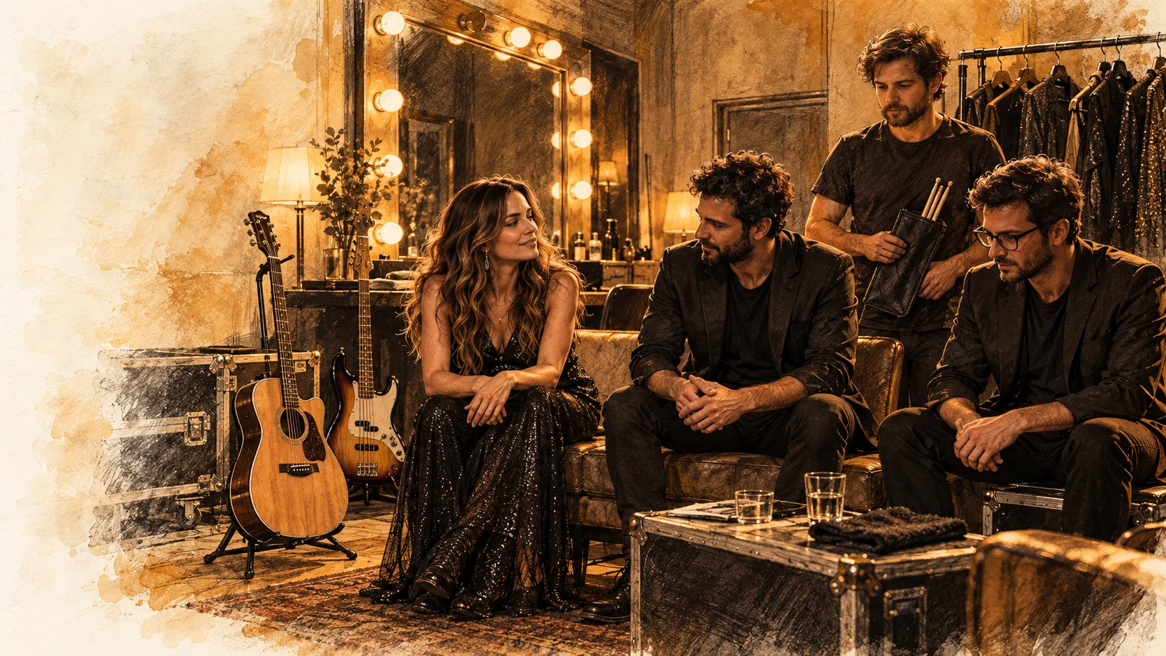 Ilustração em carvão e âmbar: vocalista, baixista, baterista e tecladista reunidos no camarim, com instrumentos em repouso, antes da apresentação.