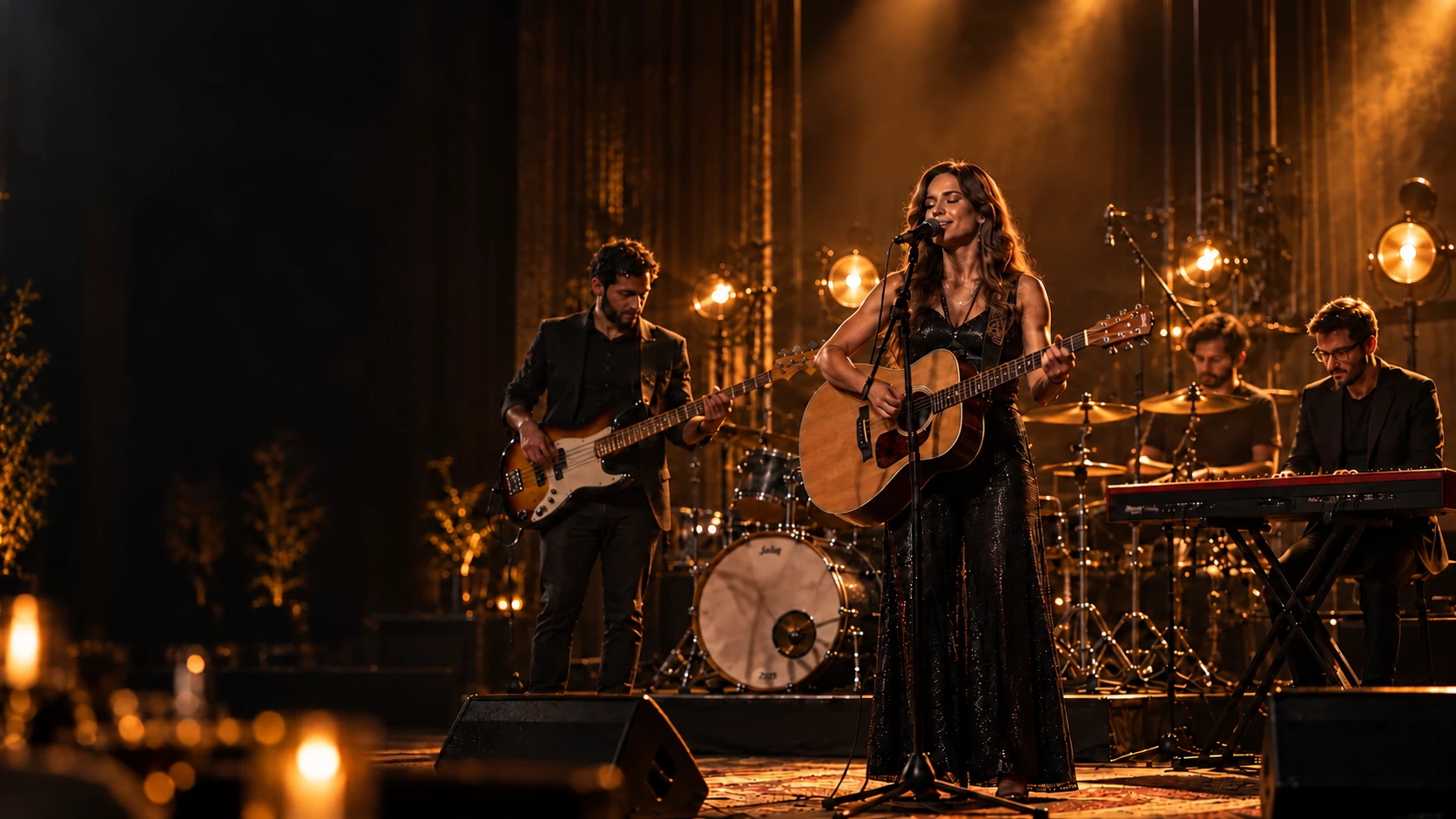 Banda com vocalista ao violão, baixista, baterista e tecladista em um palco iluminado em âmbar.