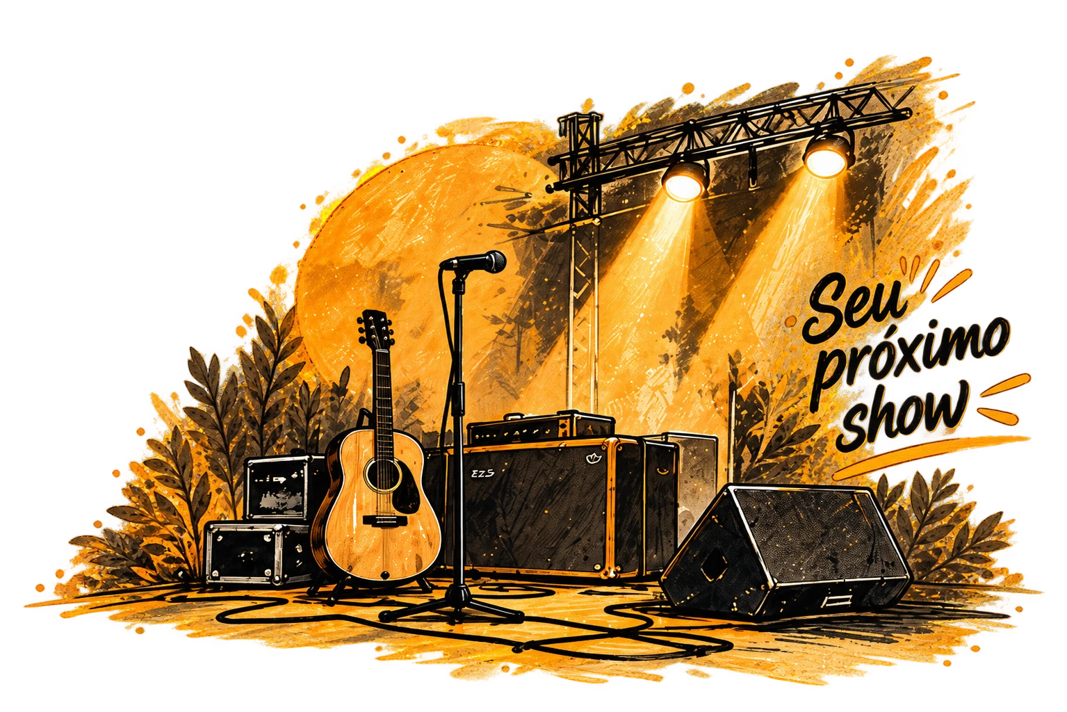Seu próximo show: palco com violão, microfone, amplificadores e iluminação âmbar.